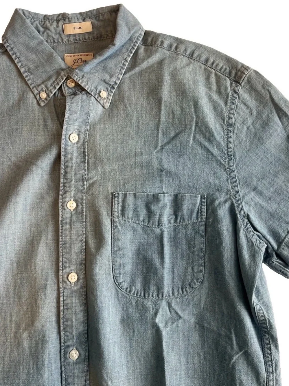 J Crew Shirt Mens Medium Slim Fit Blue Chambray Short Sleeve Button Down Denim